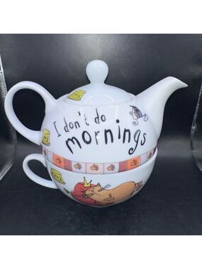 NWOB Creative Tops Tea For One Kitty I Dont Do Mornings Stacked Teapot Cup